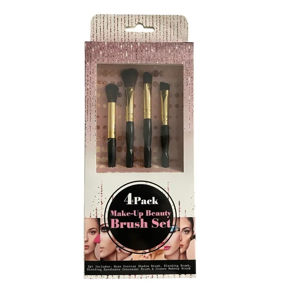 4Pc Makeup Brush Set Contour Blending Eyeshadow Crease Pink Blue Black
